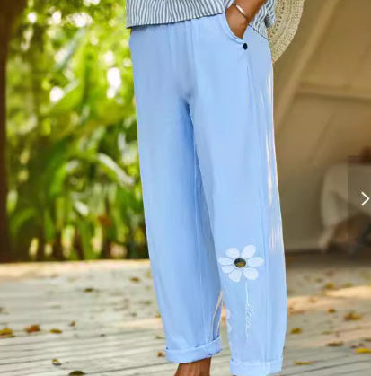 Cotton And Linen Vintage Printed Straight Pocket Casual Pants