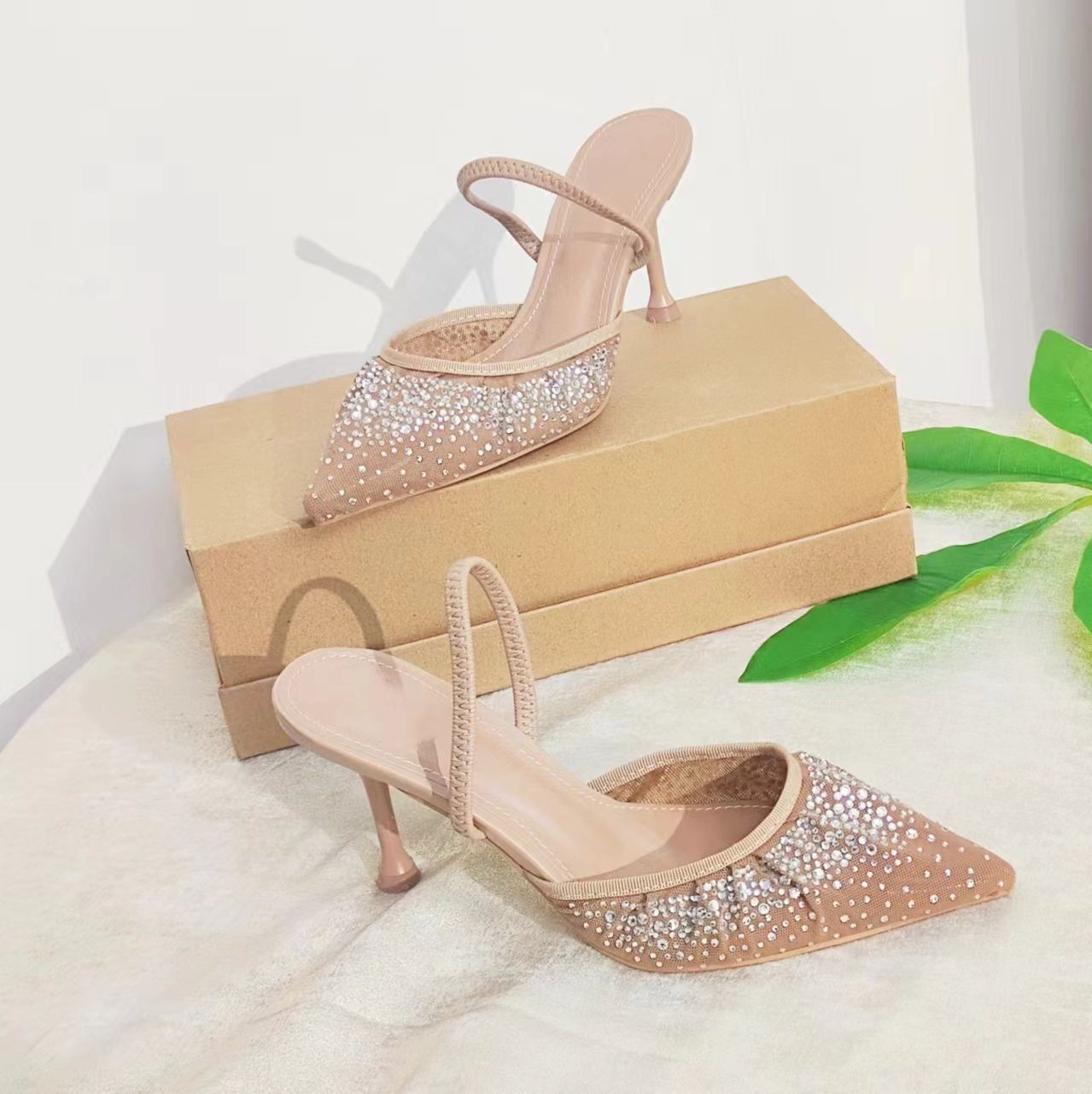 Women High Heels Close Toe Slip On Party Dress Shoes Ladies Pumps Rhinestone Heels Summer Sandals