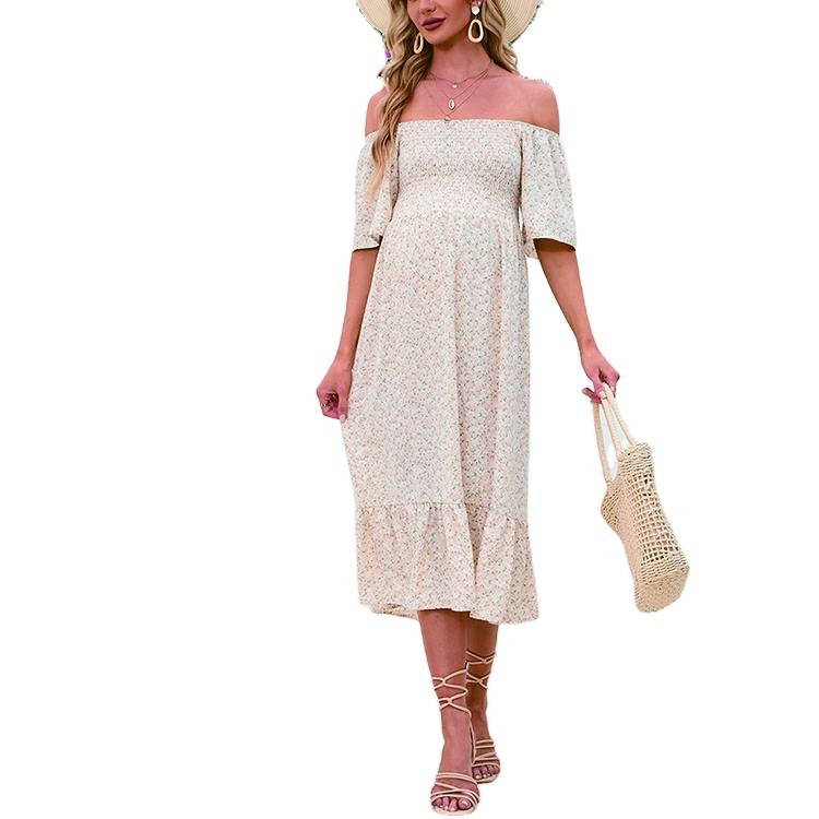 Custom Women Pregnancy Clothes Ruffle Short Sleeve Square Neck Smocked Floral A-Line Maternity Dress