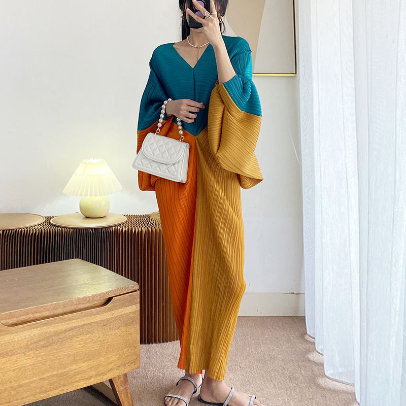 New Pleated Ball Dress Print Long Sleeve Maxi Dress Pleated Miyake Dresses Women Elegant