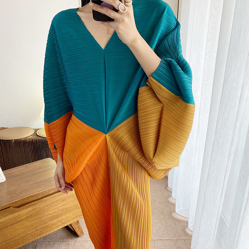 New Pleated Ball Dress Print Long Sleeve Maxi Dress Pleated Miyake Dresses Women Elegant