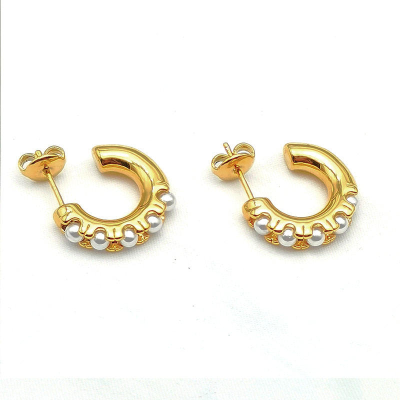 Classic Waterproof Gold Plated Stainless Steel C-Shaped Basic Pearl Hoop Earrings for Women Fashion Jewelry