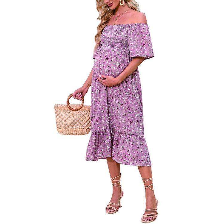 Custom Women Pregnancy Clothes Ruffle Short Sleeve Square Neck Smocked Floral A-Line Maternity Dress