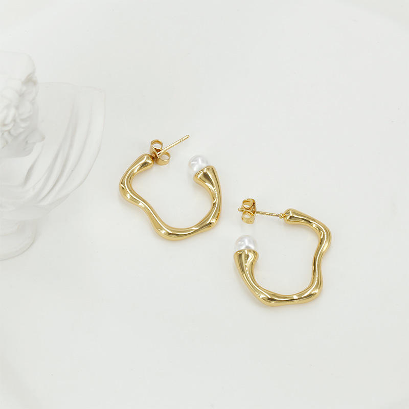 18K Gold Plated Texture Pearl Earrings Stainless Steel Hoop Irregular Statement Dangle Stud Dainty Jewelry Women Girls