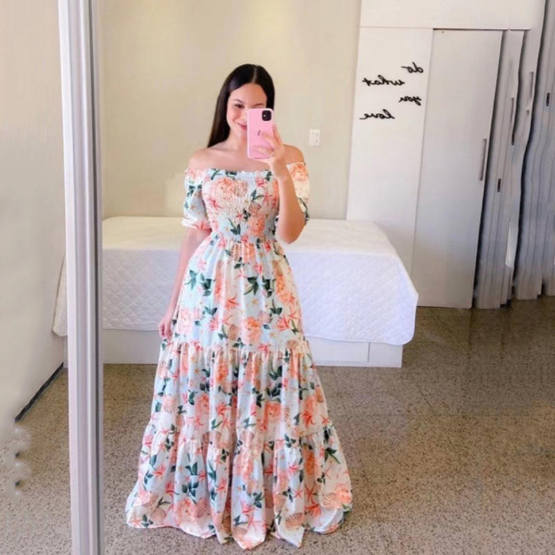 Fashion Ladies Long Summer One-shoulder Floral Dress