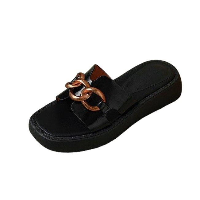 New Arrival Fashion Woman Thick Sole Sandal Outdoor Metal Buckle Square Toe Slippers Sexy Casual Shoes For Ladies