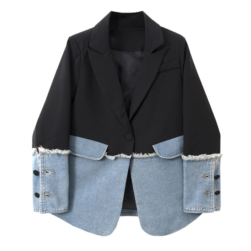 TWOTWINSTYLE Temperament Plaid Casual Loose Patchwork Denim Colorblock Ladies Blazer