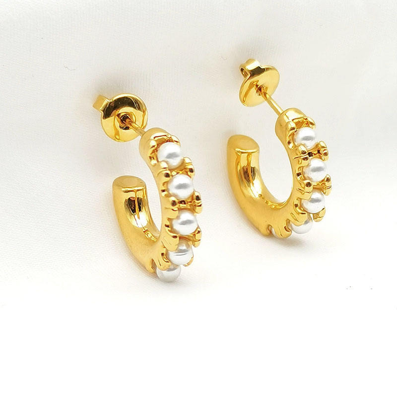 Classic Waterproof Gold Plated Stainless Steel C-Shaped Basic Pearl Hoop Earrings for Women Fashion Jewelry