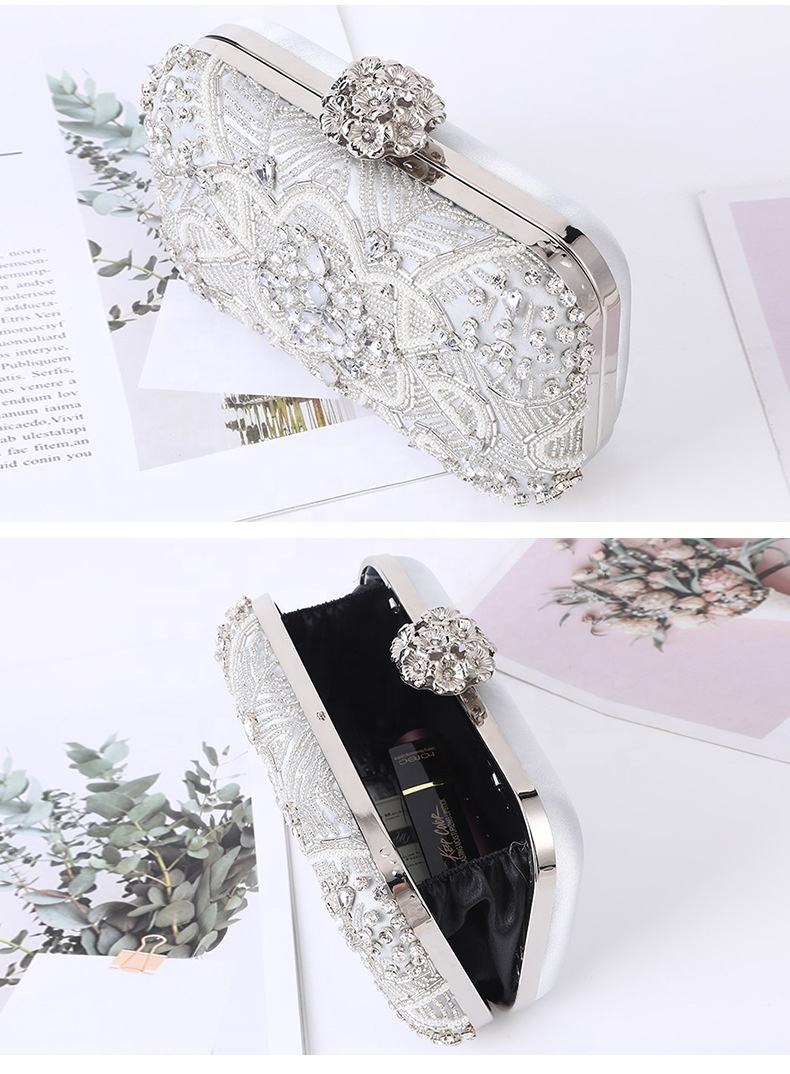 Woman Floral Pearls Clutch Evening Bag With Gold Chain Wedding Party Acrylic Designer Hand Bag With Metal Frame