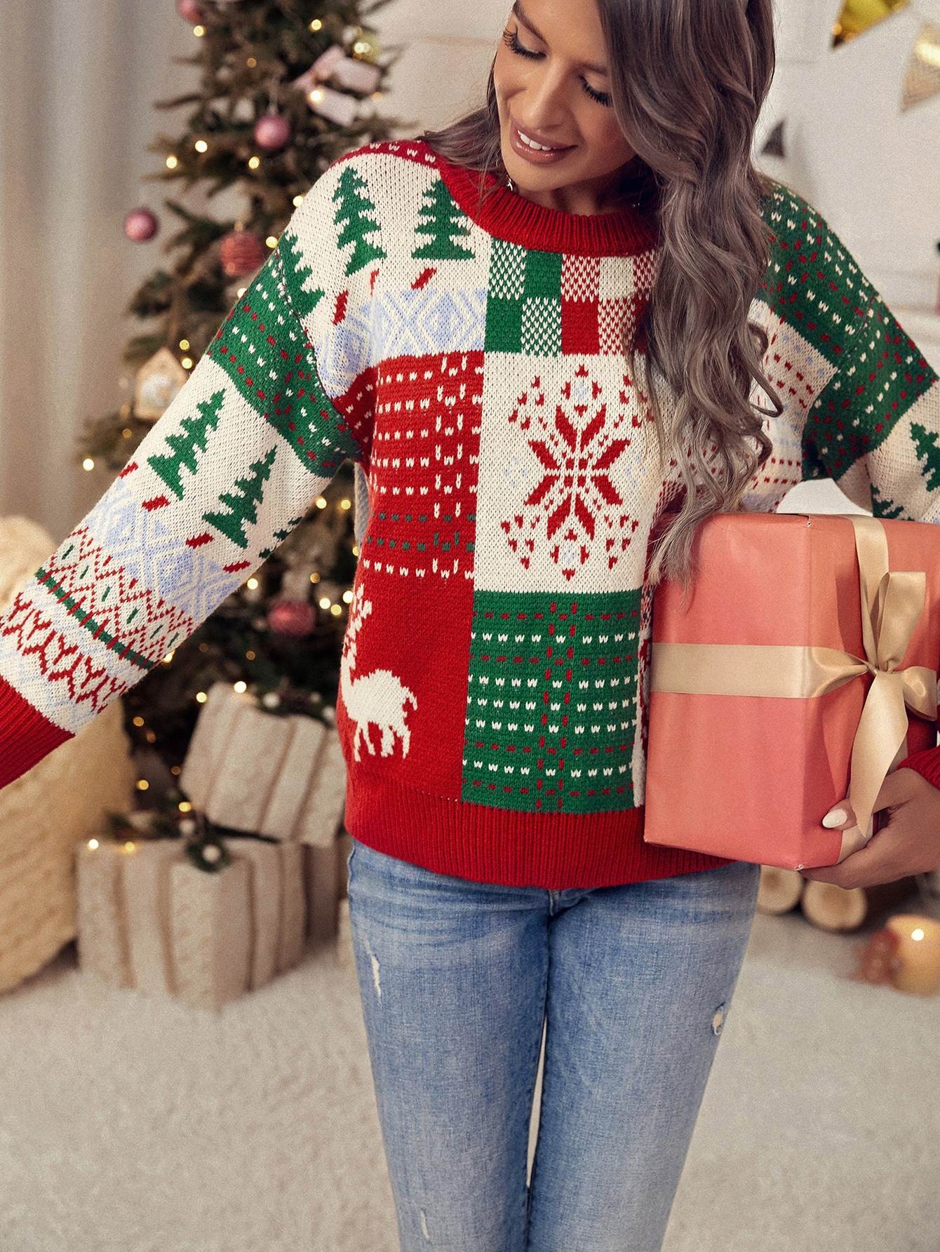 Women's Soft Touch Pullover with Flower Shape Jacquard and Ruffled Cuff for Winter Knitwear