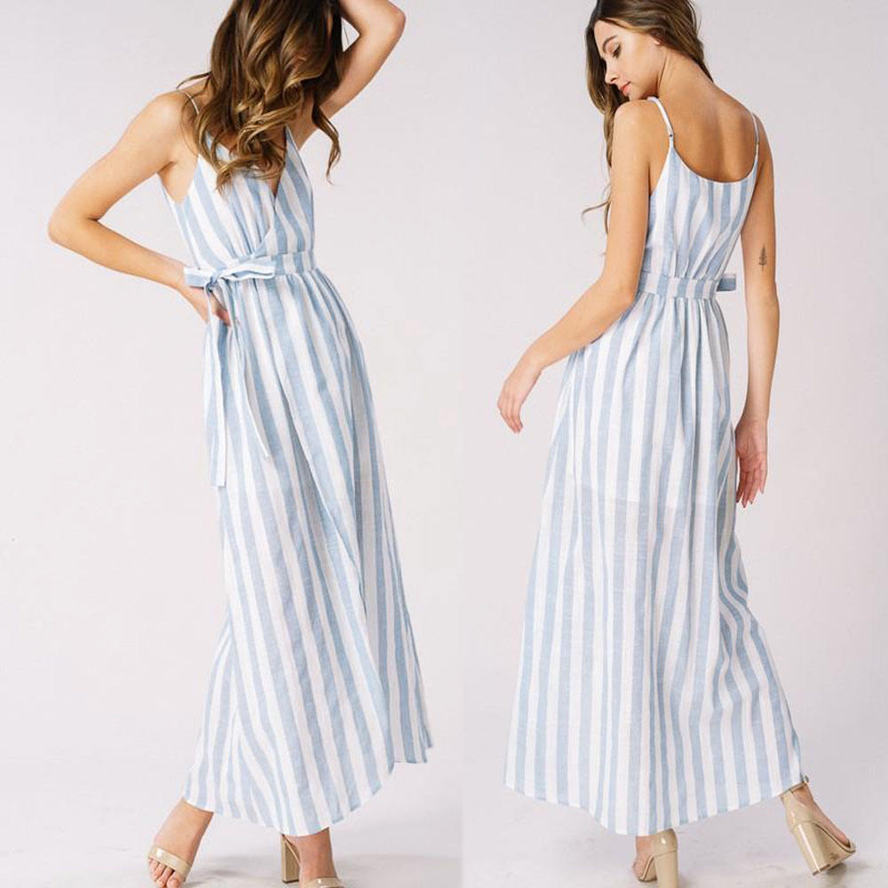 Lancai wholesale custom Latest design western wrap linen maxi linen long dress for women summer clothing