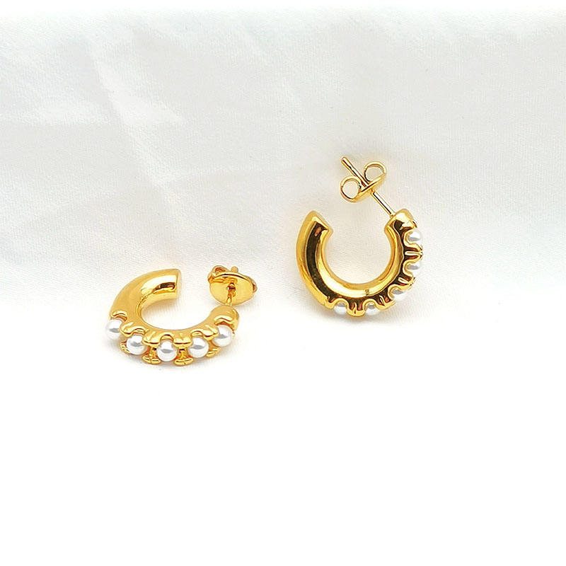 Classic Waterproof Gold Plated Stainless Steel C-Shaped Basic Pearl Hoop Earrings for Women Fashion Jewelry