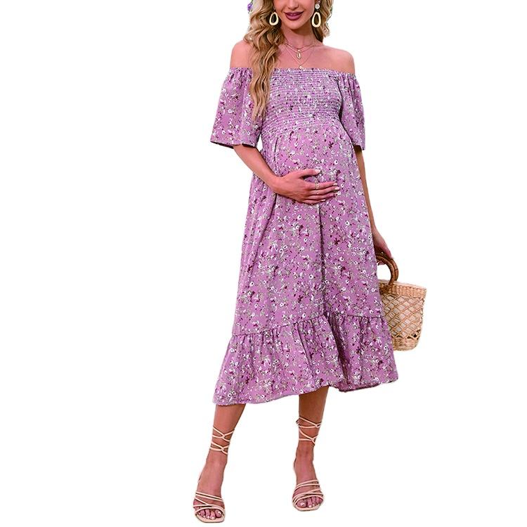 Custom Women Pregnancy Clothes Ruffle Short Sleeve Square Neck Smocked Floral A-Line Maternity Dress