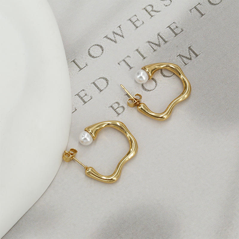 18K Gold Plated Texture Pearl Earrings Stainless Steel Hoop Irregular Statement Dangle Stud Dainty Jewelry Women Girls