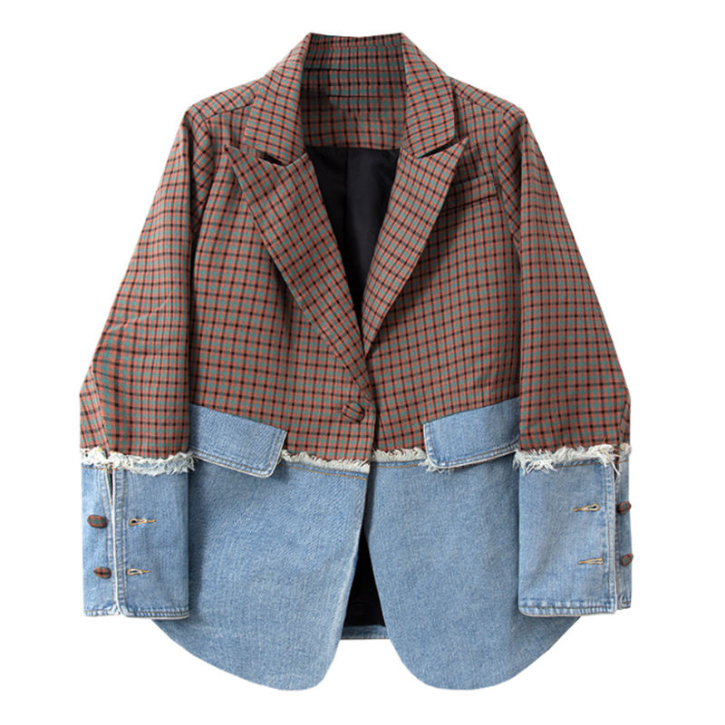 TWOTWINSTYLE Temperament Plaid Casual Loose Patchwork Denim Colorblock Ladies Blazer