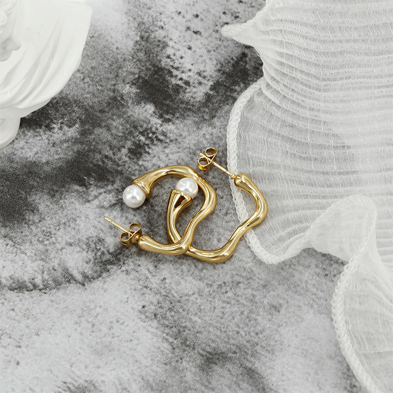 18K Gold Plated Texture Pearl Earrings Stainless Steel Hoop Irregular Statement Dangle Stud Dainty Jewelry Women Girls