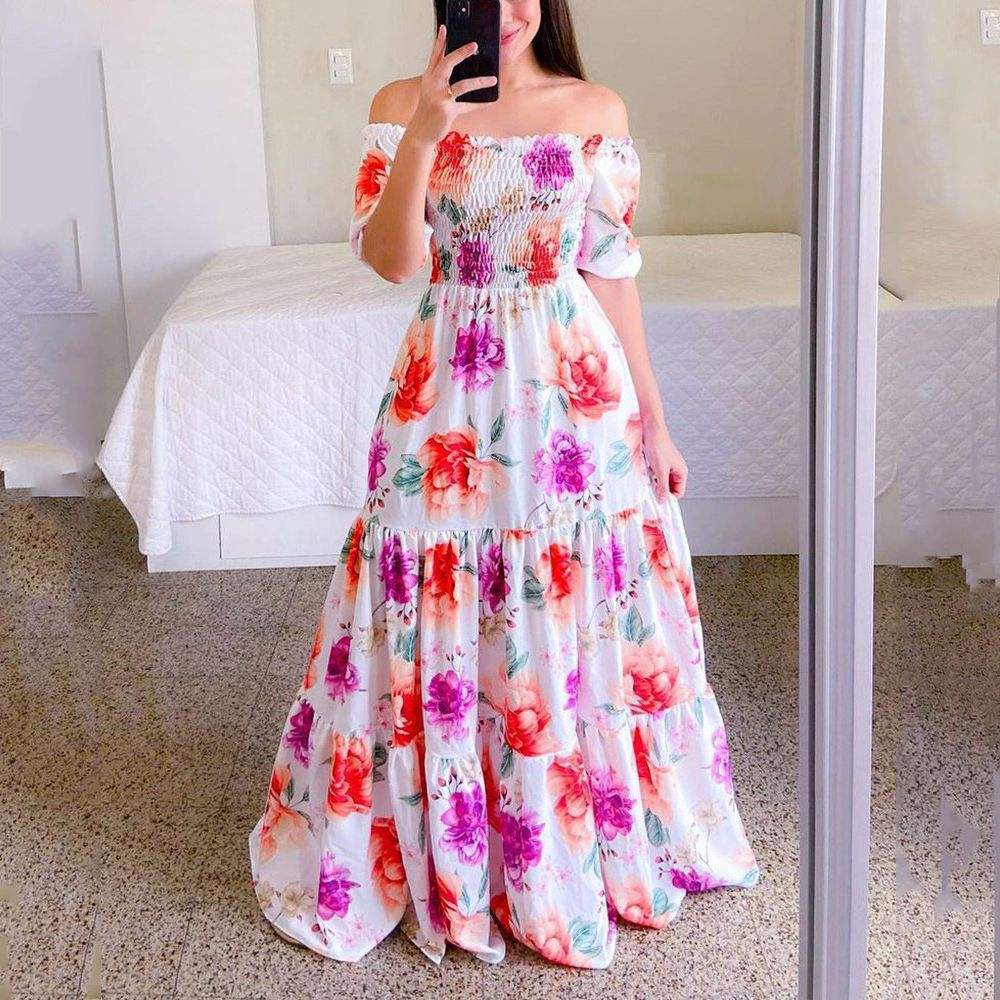 Fashion Ladies Long Summer One-shoulder Floral Dress