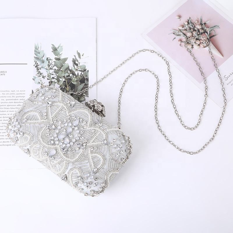 Woman Floral Pearls Clutch Evening Bag With Gold Chain Wedding Party Acrylic Designer Hand Bag With Metal Frame