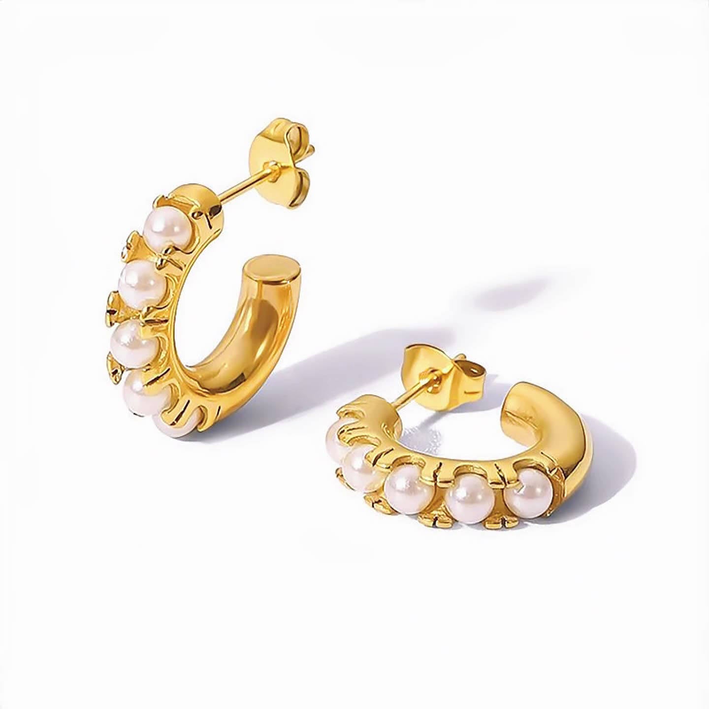 Classic Waterproof Gold Plated Stainless Steel C-Shaped Basic Pearl Hoop Earrings for Women Fashion Jewelry
