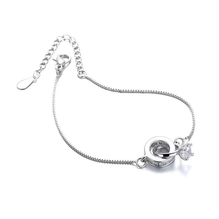 Silver Geometric Double Ring One Carat Mosang Stone Bracelet For Women