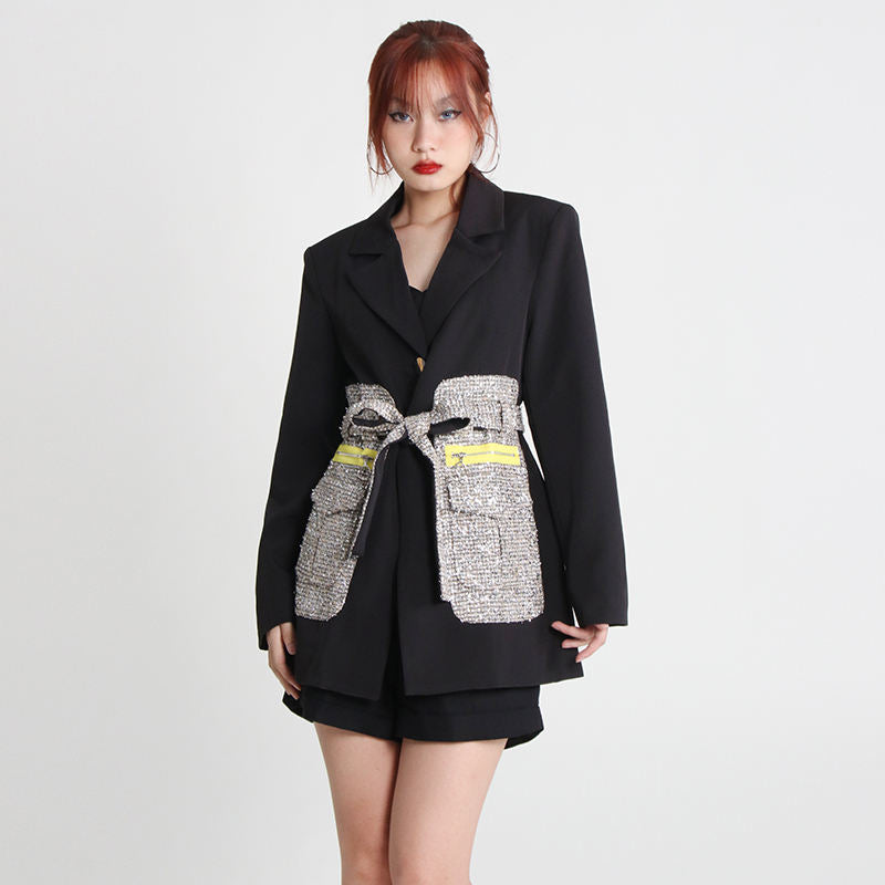 TWOTWINSTYLE Blazer Women Patchwork Hit Color Lace Up Ladies Blazers