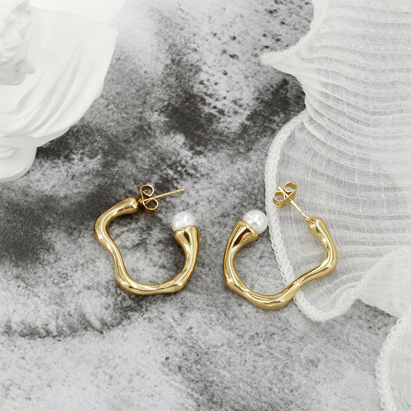 18K Gold Plated Texture Pearl Earrings Stainless Steel Hoop Irregular Statement Dangle Stud Dainty Jewelry Women Girls