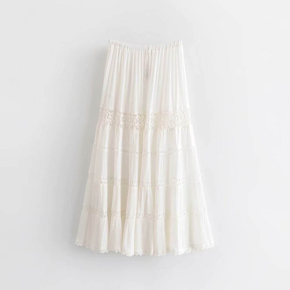 Spring Summer Rayon Latest White Lace women Long Skirt With Tassel