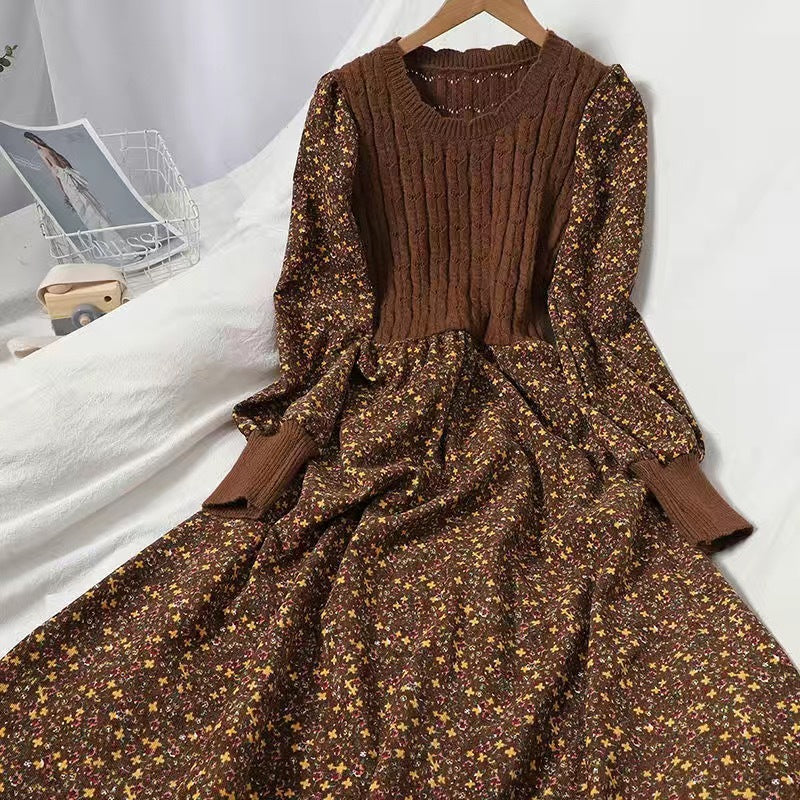 Women's Long Sleeve Retro Patchwork Floral Knitted Dress