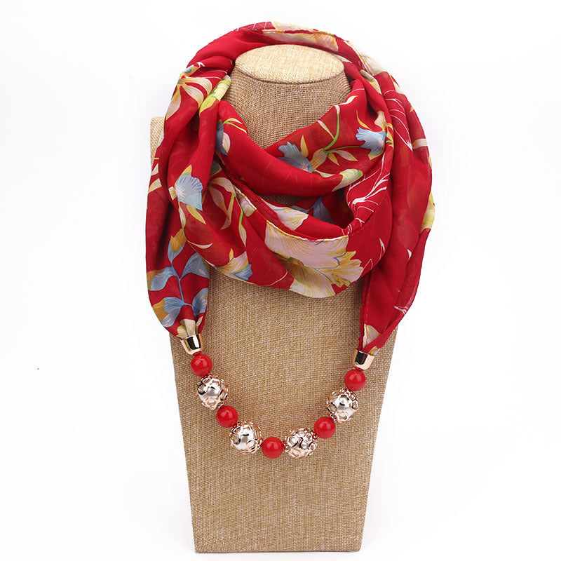 Print Alloy Pendant Scarf Beaded Pendant ScarfPrinted Chiffon Necklace