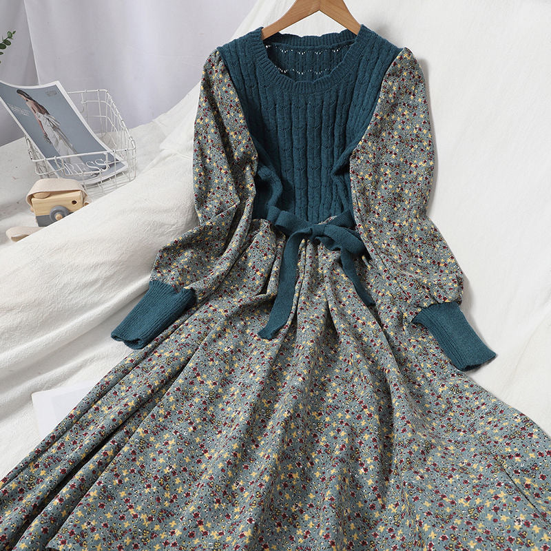 Women's Long Sleeve Retro Patchwork Floral Knitted Dress
