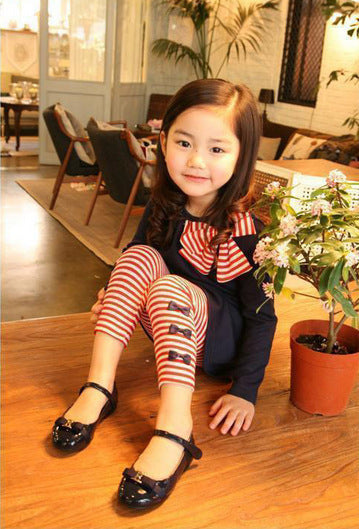 Girls Striped Bow Tie Round Neck T-shirt  Leggings Kids Suit