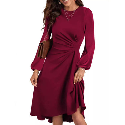 European And American Round Neck Pullover Fashion Long Sleeve Slim Fit Slit Dress