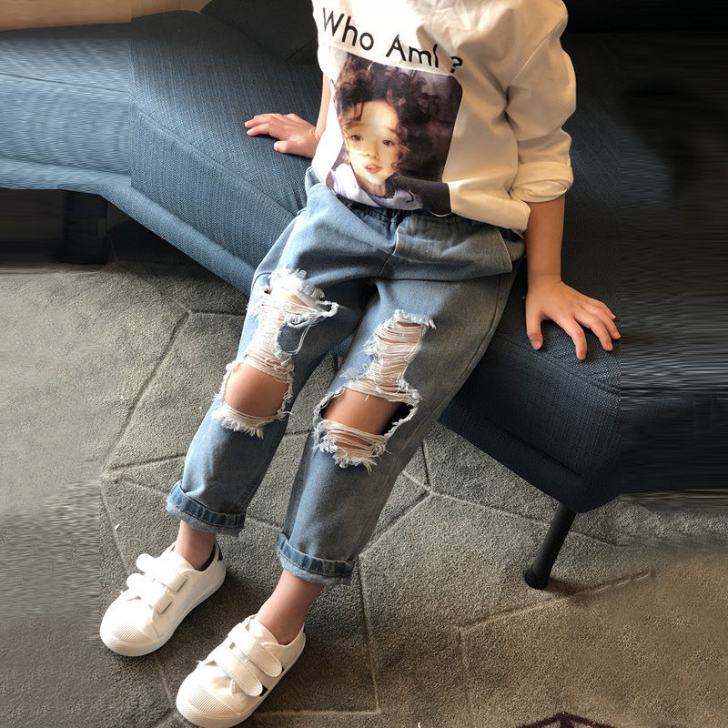 Small And Medium-sized Children's Ripped Loose Jeans