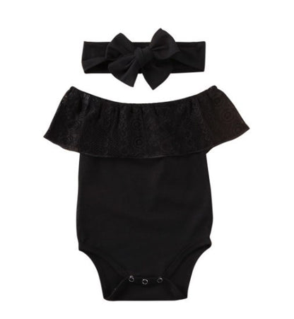 Children's Black Lace Strapless Shirt Jumpsuit and  Headband Summer Baby Suit