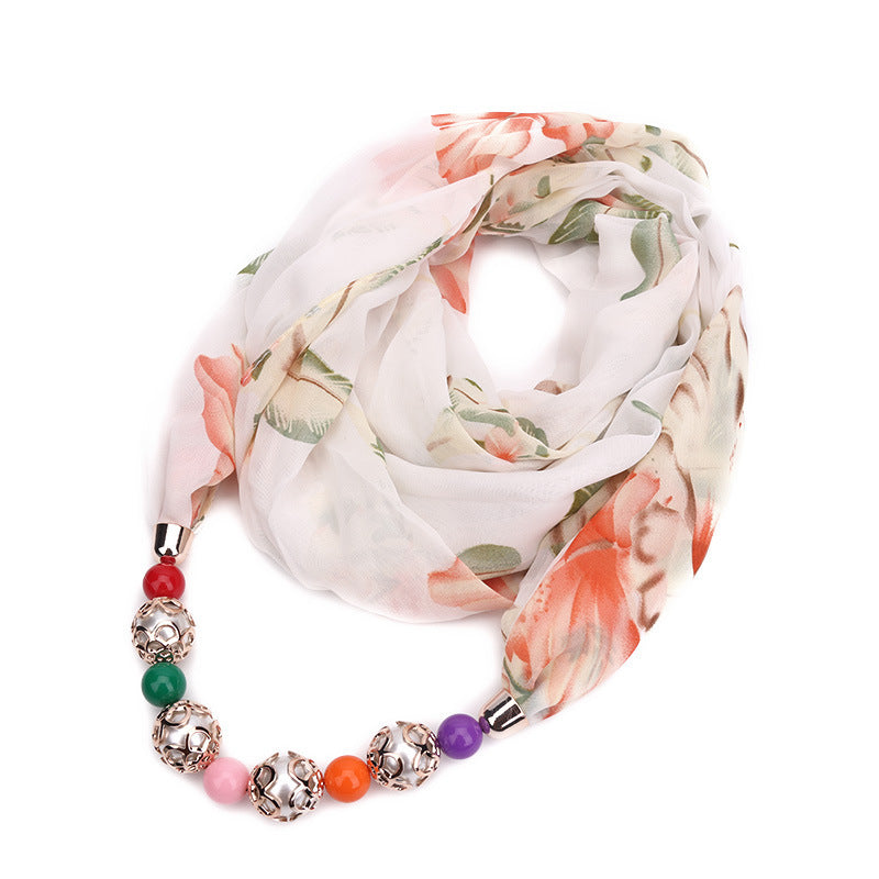 Print Alloy Pendant Scarf Beaded Pendant ScarfPrinted Chiffon Necklace