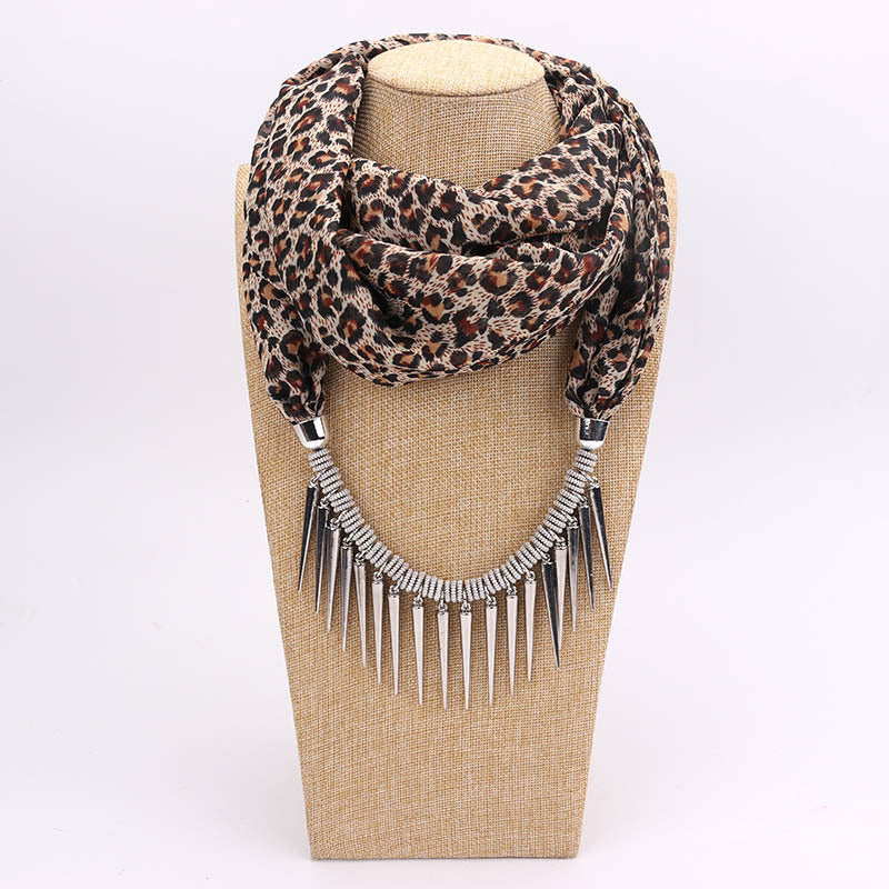 Print Alloy Pendant Scarf Beaded Pendant ScarfPrinted Chiffon Necklace
