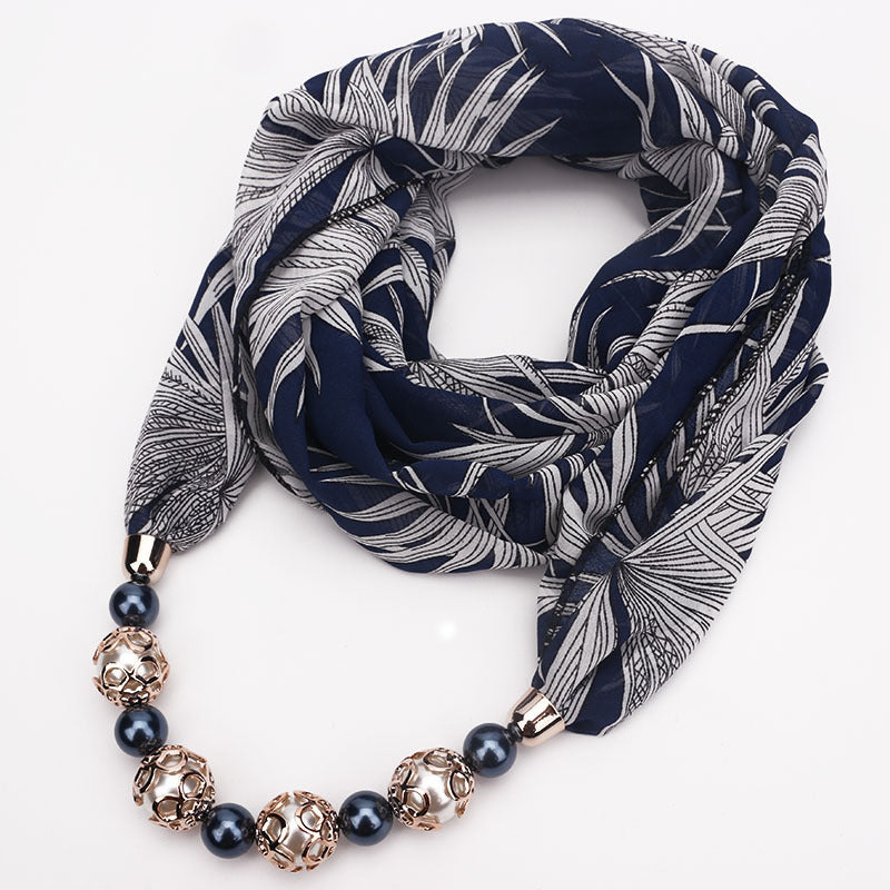 Print Alloy Pendant Scarf Beaded Pendant ScarfPrinted Chiffon Necklace
