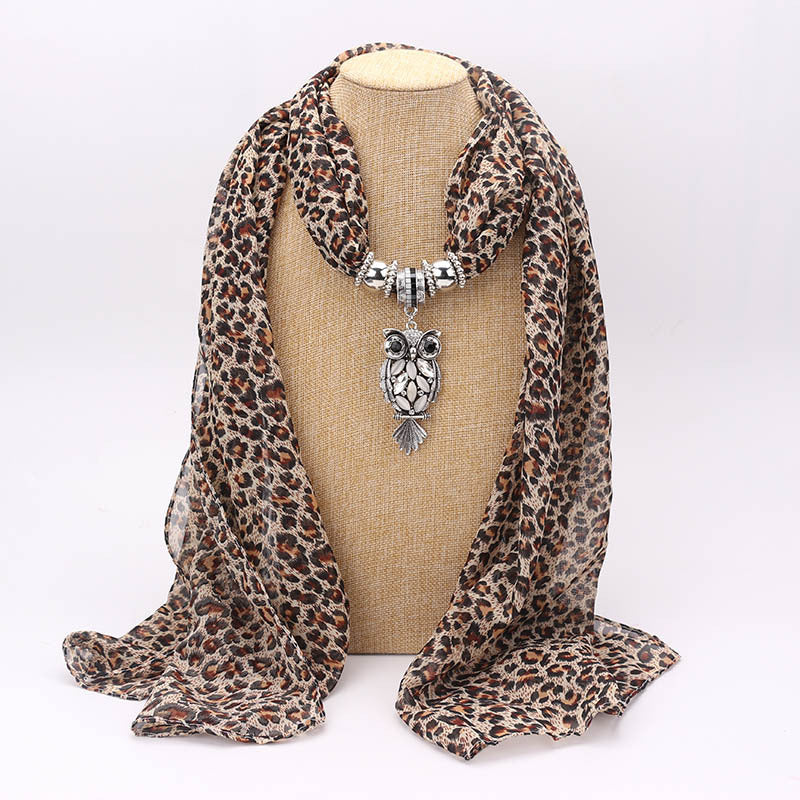 Print Alloy Pendant Scarf Beaded Pendant ScarfPrinted Chiffon Necklace