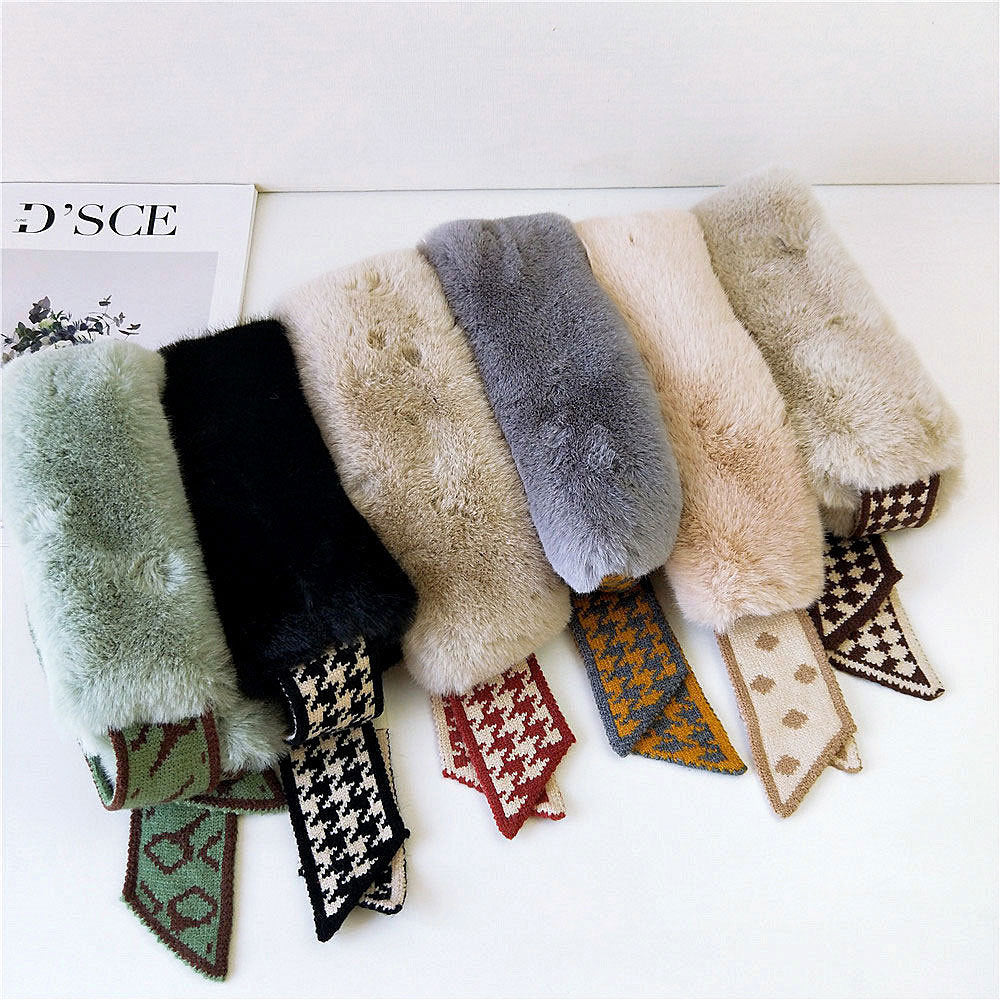 Houndstooth Fur Collar Scarf Women's Korean-style Plush Scarf Winter Warm Thickened Women's Scarf