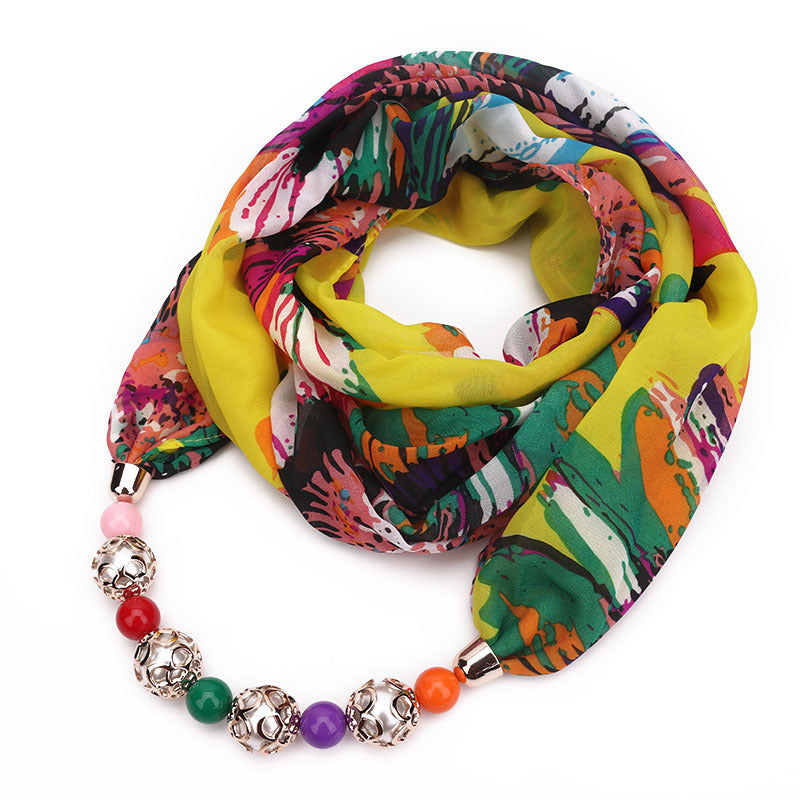 Print Alloy Pendant Scarf Beaded Pendant ScarfPrinted Chiffon Necklace