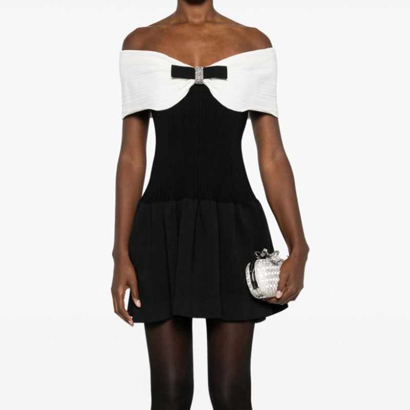 Special-interest Design Bowknot Off-shoulder Waist Trimming Knitted Dress