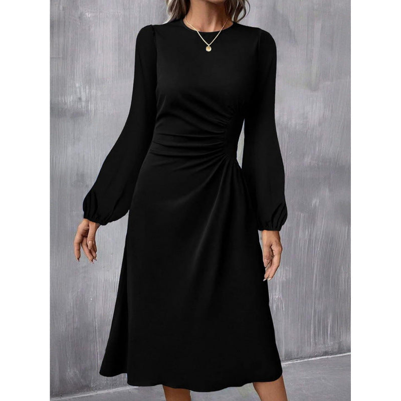European And American Round Neck Pullover Fashion Long Sleeve Slim Fit Slit Dress