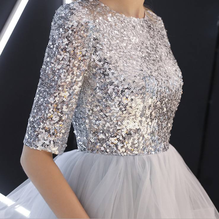 Silver Grey Luxury Ruffle Ball Gown Evening Dress Sequin Lady Fashion Evening Dress