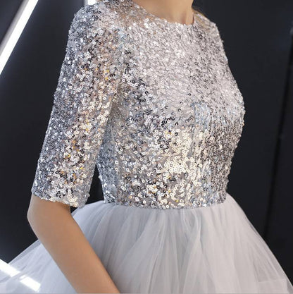 Silver Grey Luxury Ruffle Ball Gown Evening Dress Sequin Lady Fashion Evening Dress