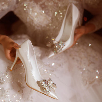 party stiletto heels slik material pointed toe bow tie white luxury women's wedding shoes