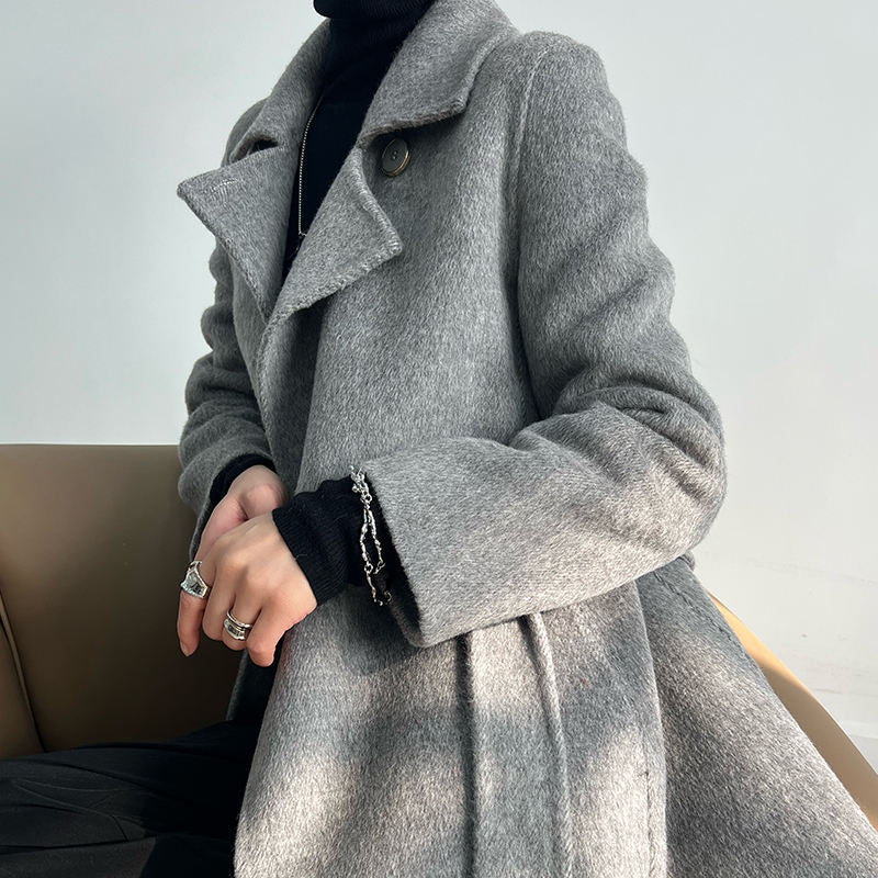 Special Women's Long Brown Woolen Overcoat with Teddy Coat Lamb Shearling High Collar Winter Print Solid Pattern Fur Decoration)
