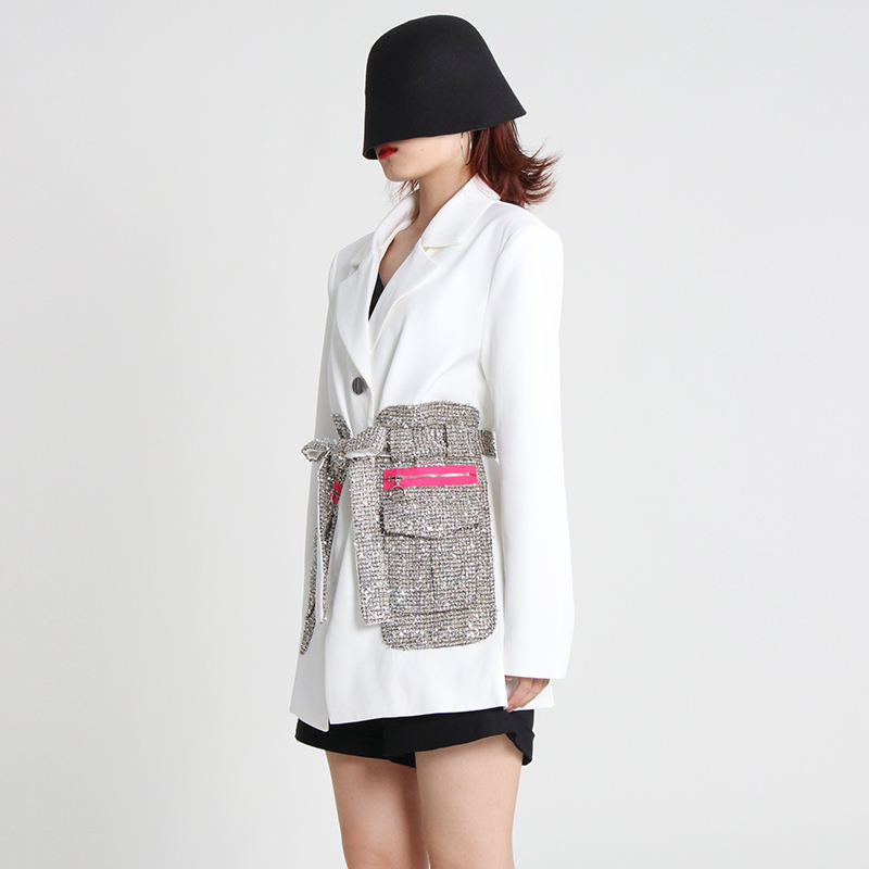 TWOTWINSTYLE Blazer Women Patchwork Hit Color Lace Up Ladies Blazers