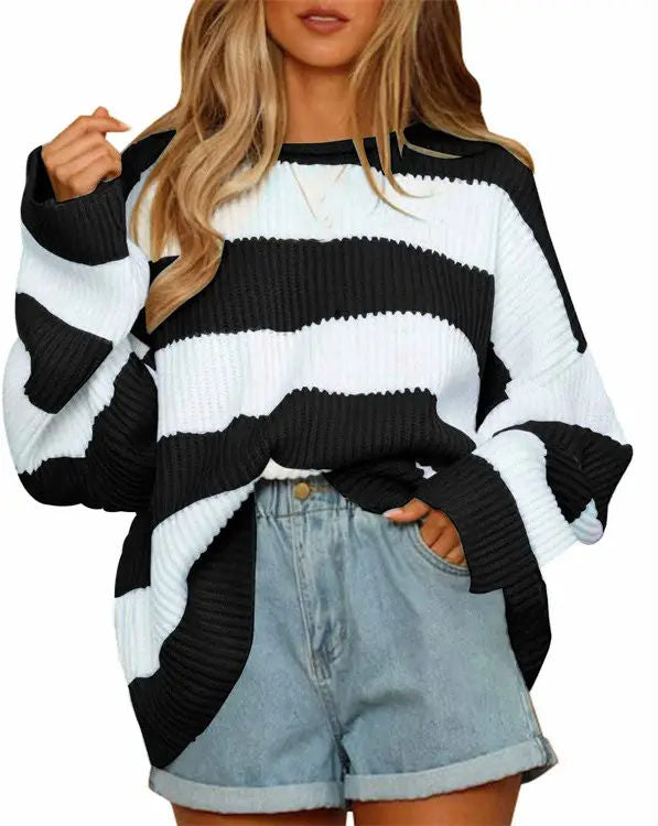 Winter Crew Neck Striped Color Block Pullover Women's Long Sleeve Knitwear