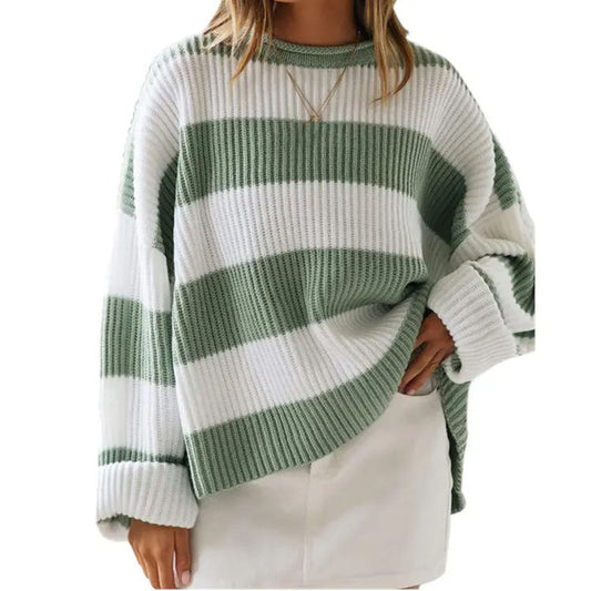 Winter Crew Neck Striped Color Block Pullover Women's Long Sleeve Knitwear