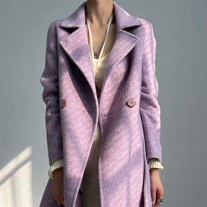 Special Women's Long Brown Woolen Overcoat with Teddy Coat Lamb Shearling High Collar Winter Print Solid Pattern Fur Decoration)